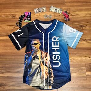 Usher Tour Jersey 1X Past Present Future Blue Graphic Button Up Concert Merch